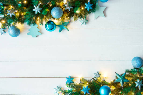 istock Turquoise Christmas Banner, Frame, Bokeh, Fir Branches, Copy Space 848964578