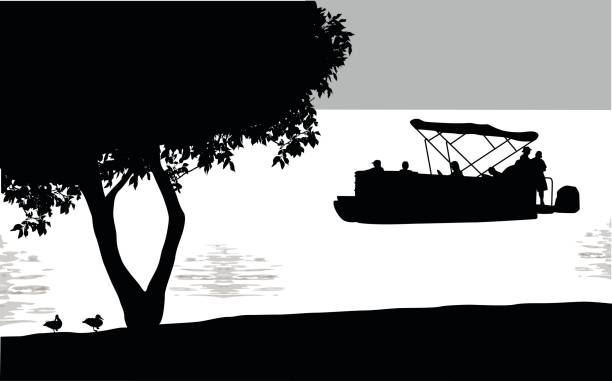 Pontoon Boat Water Front Park Silhouette vector illustration of the lakeshore with a boat floating by pontoon boat stock illustrations