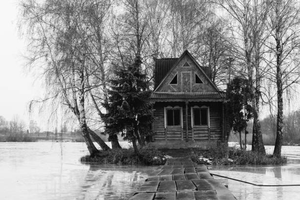 Abandoned hunting house on a lake