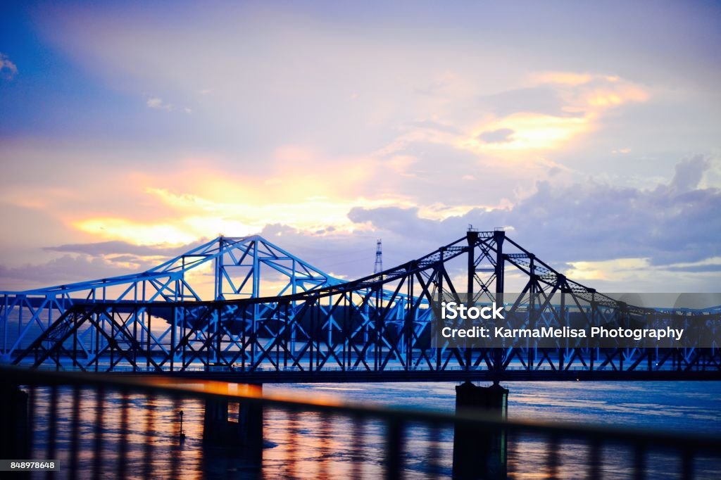 Mississippi River Bridge at dusk Mississippi river bridge from Vicksburg, Mississippi Mississippi River Stock Photo