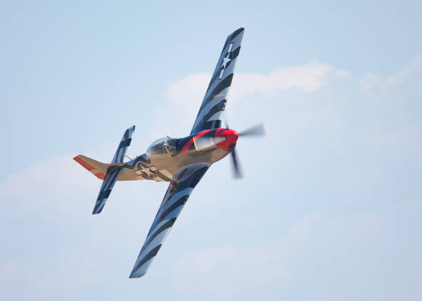 Close view of P-51D Mustang (WWII American fighter plane) in a turn, against the cloudy sky and in beautiful light Close view of P-51D Mustang (WWII American fighter plane) in a turn, against the cloudy sky and in beautiful light p51 mustang stock pictures, royalty-free photos & images