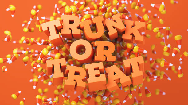 Trunk or Treat 3D text "Trunk or Treat" suspended in space with an explosion of candy corn in the background. 2017 photos stock pictures, royalty-free photos & images