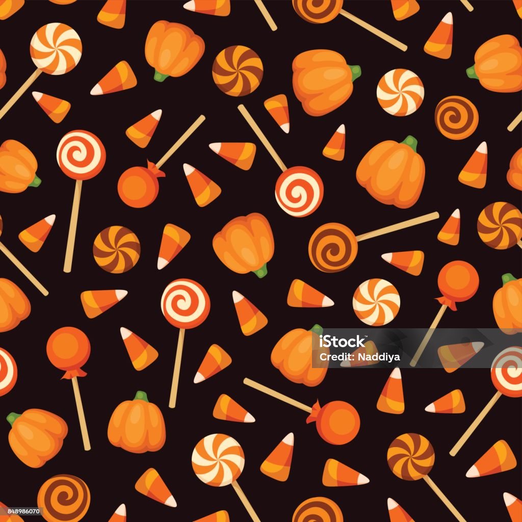 Seamless background with orange Halloween candies. Vector illustration. Vector seamless pattern with orange Halloween candies on a black background. Halloween stock vector