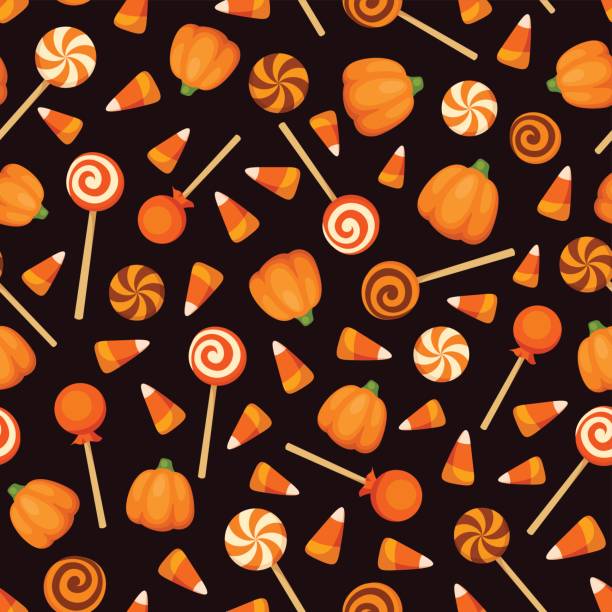 Seamless background with orange Halloween candies. Vector illustration. Vector seamless pattern with orange Halloween candies on a black background. halloween candy stock illustrations
