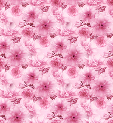 Pink cherry sakura flower floral blue digital art seamless pattern texture background.