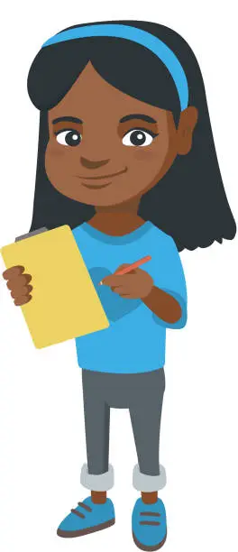 Vector illustration of Girl writing on the paper attached to a clipboard