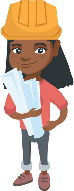 ilustrações, clipart, desenhos animados e ícones de menina pequena engenheiro africano segurando planos de papel - children only child cartoon little girls