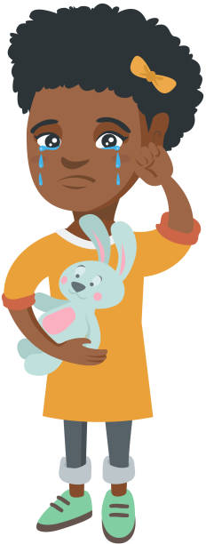 African-american girl crying and holding toy African-american girl crying and wiping the tears away. Little girl crying and holding toy rabbit in hand. Vector sketch cartoon illustration isolated on white background. sad african child drawings stock illustrations