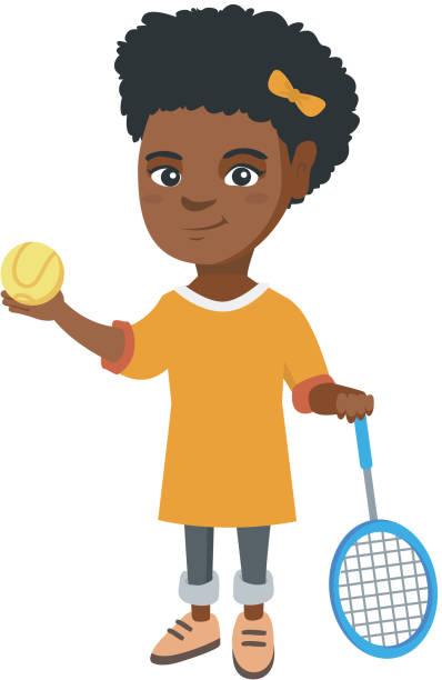 illustrazioni stock, clip art, cartoni animati e icone di tendenza di tennista africano in possesso di racchetta e palla - child tennis white background sport