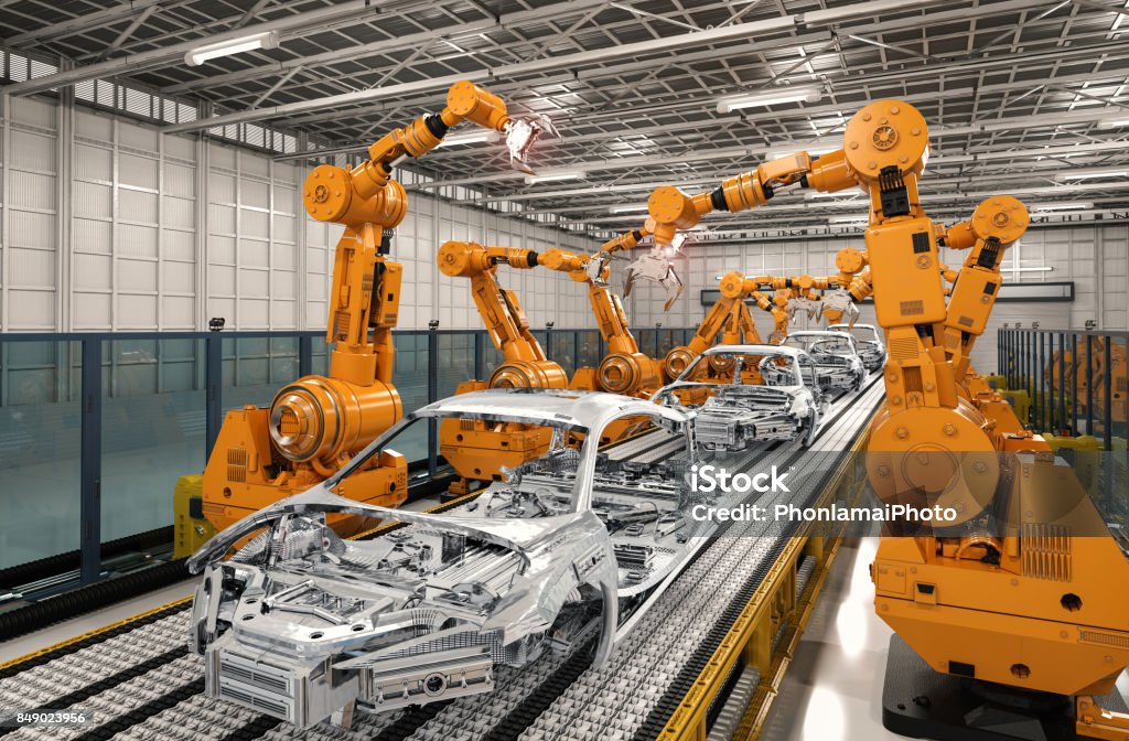línea de montaje de robot en la fábrica de automóviles - Foto de stock de Manufacturar libre de derechos