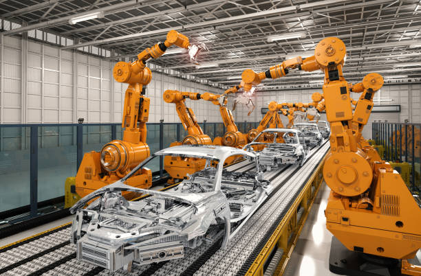 robot assembly line in car factory 3d rendering robot assembly line in car factory chassis stock pictures, royalty-free photos & images
