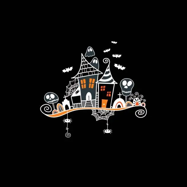 Vector illustration of Haunted House Halloween Hand Drawn Doodle Vector on Black Background