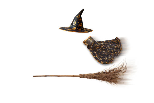 the cape, cap, broom of the isolated witch - halloween color image horizontal side view imagens e fotografias de stock