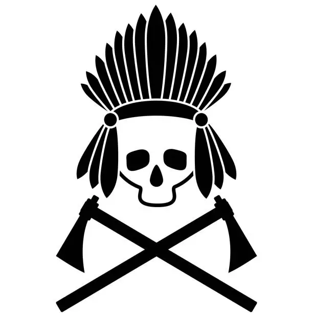 Vector illustration of Skull Indian chief. Black and white picture. Icon. Vector Image.