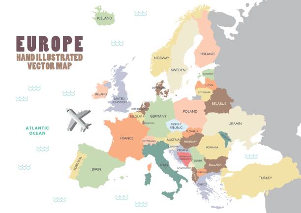 illustrations, cliparts, dessins animés et icônes de carte de l’europe avec la couleur et le nom - europe illustrations