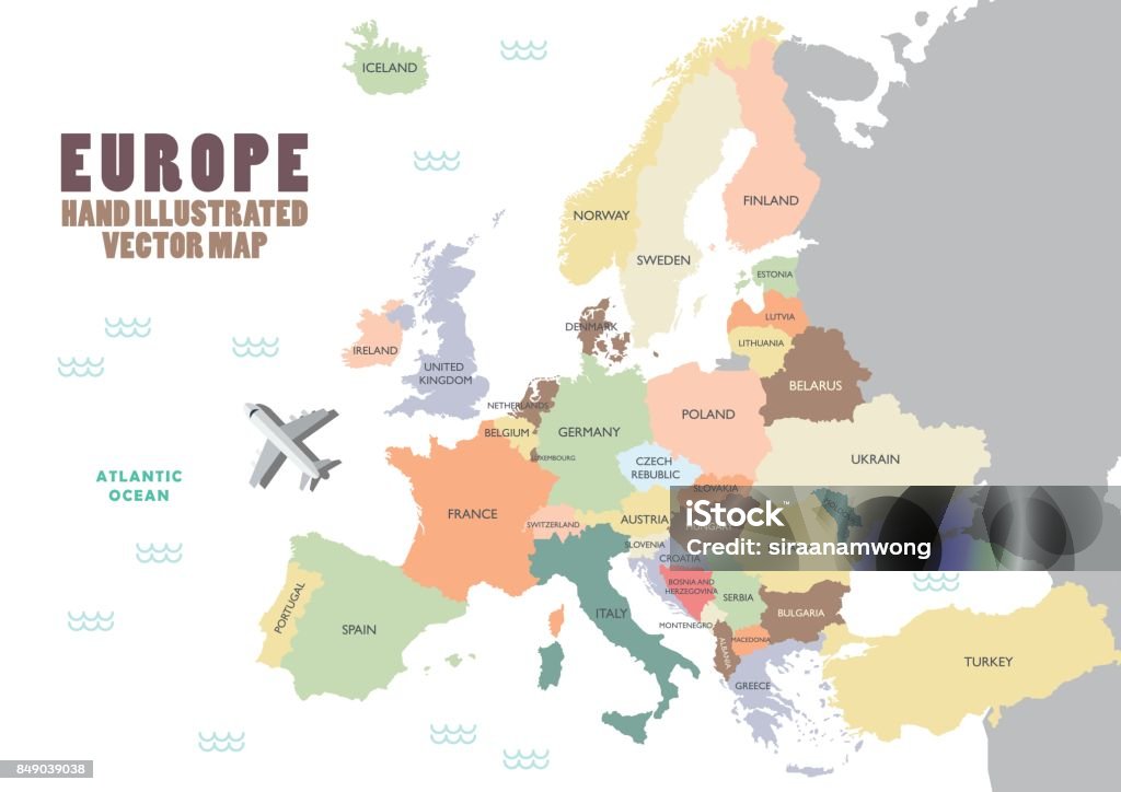 Europe map with colour and name Europe map with colour and name. Vector illustration Map stock vector