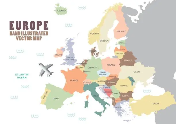 Vector illustration of Europe map with colour and name