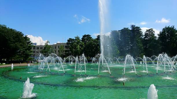 istock Fountain of the park and a building 849041884