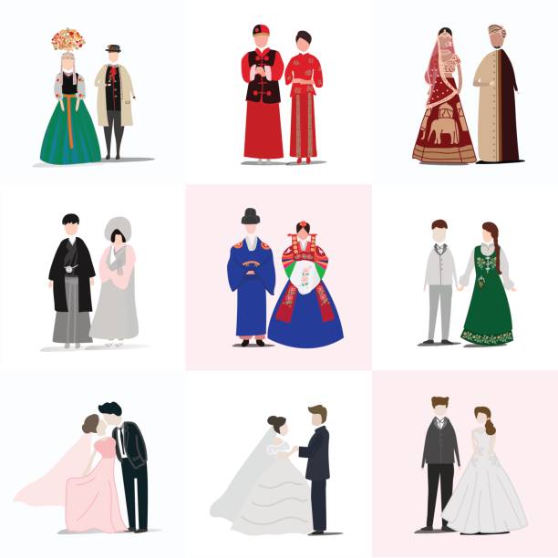 ilustraciones, imágenes clip art, dibujos animados e iconos de stock de mezcla de vestido de novia nacional - boda coreana