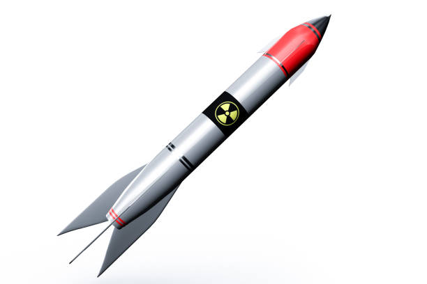 istock Hydrogen bomb in a rocket flying isolated on white background. 3D illustration 849048564