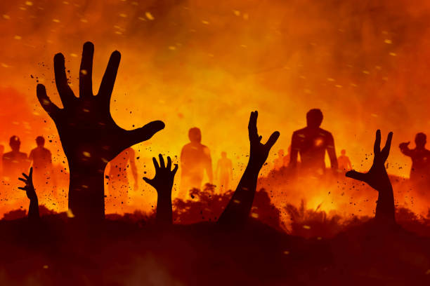 zombies hand silhouette - inferno stock-fotos und bilder