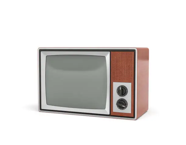 3d rendering of a turned-off retro TV with a big screen and two rotary switches. TV shows. Old-school appliances. Retro interior.