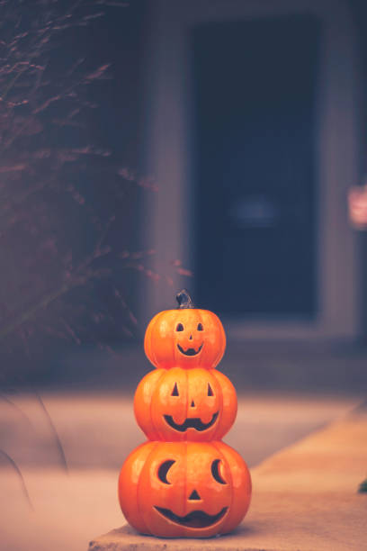 halloween jack o'lantern sur front stoop - front stoop photos et images de collection