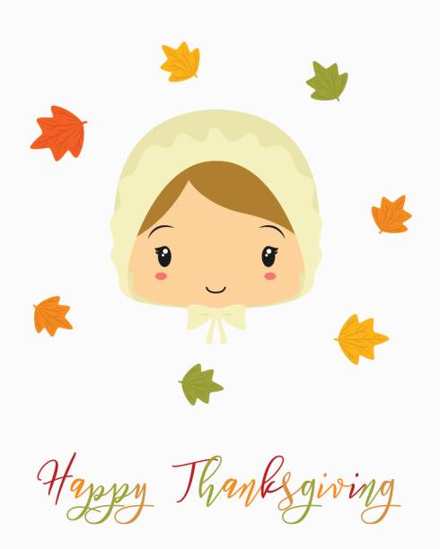 추수 감사절 카드 디자인 순례자 소녀 만화 벡터 - thanksgiving pilgrim turkey little girls stock illustrations