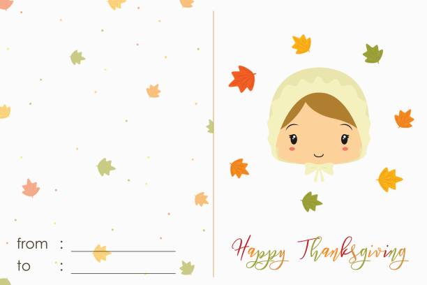 추수 감사절 카드 디자인 순례자 소녀 만화 벡터 - thanksgiving pilgrim turkey little girls stock illustrations