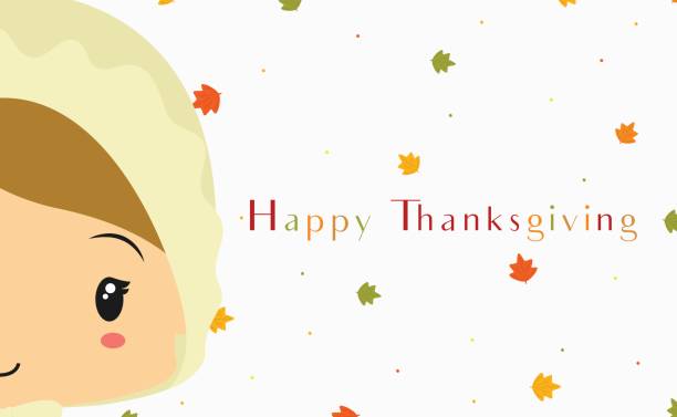 추수 감사절 카드 디자인 순례자 소녀 만화 벡터 - thanksgiving pilgrim turkey little girls stock illustrations