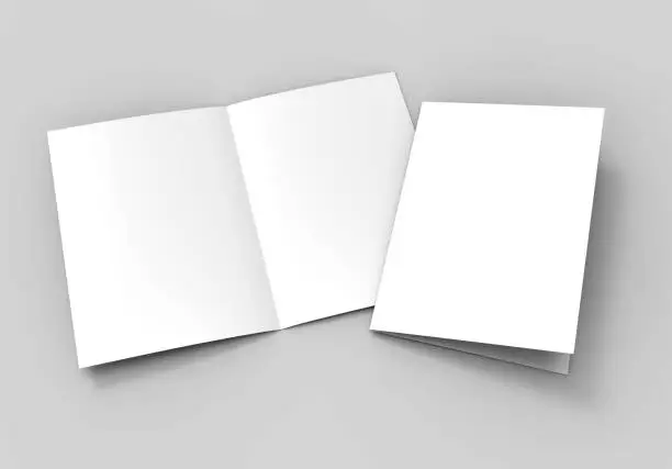 Photo of A3 A4 A5 half-fold or by-fold brochure blank white template for mock up and presentation design. 3d illustration.