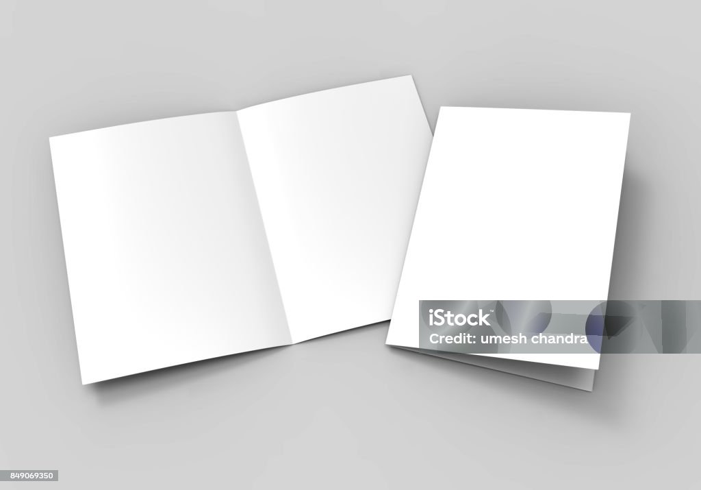 A3 A4 A5 semi-fold ou por brochura em branco branco modelo para simulação acima e apresentação de design. ilustração 3D. - Foto de stock de Modelo de base royalty-free