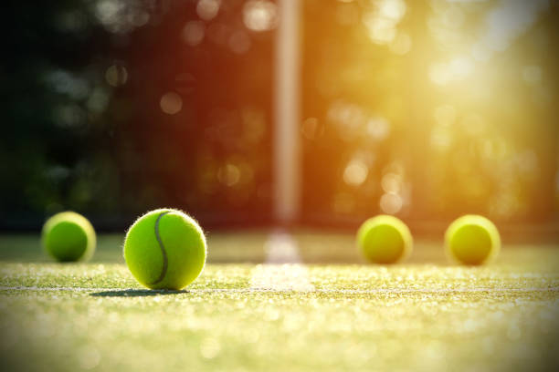 Tennis balls on grass court with sunlight Tennis balls on grass court with sunlight wimbledon stock pictures, royalty-free photos & images