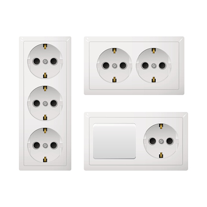 Electrical socket Type F with switch. Power plug vector illustration. Realistic receptacle from Europe. The lights breaker on and off. Set of obgect.