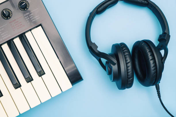 istock Music keyboard and Music headphone on blue background 849079090