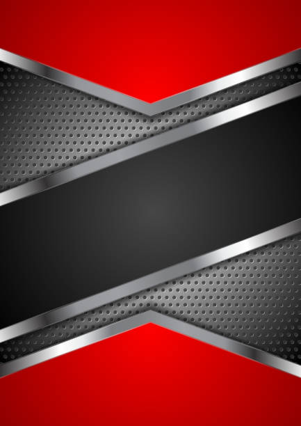 Red and black abstract tech metal design Red and black abstract tech metal design on perforated background metallic red chrome pattern stock illustrations