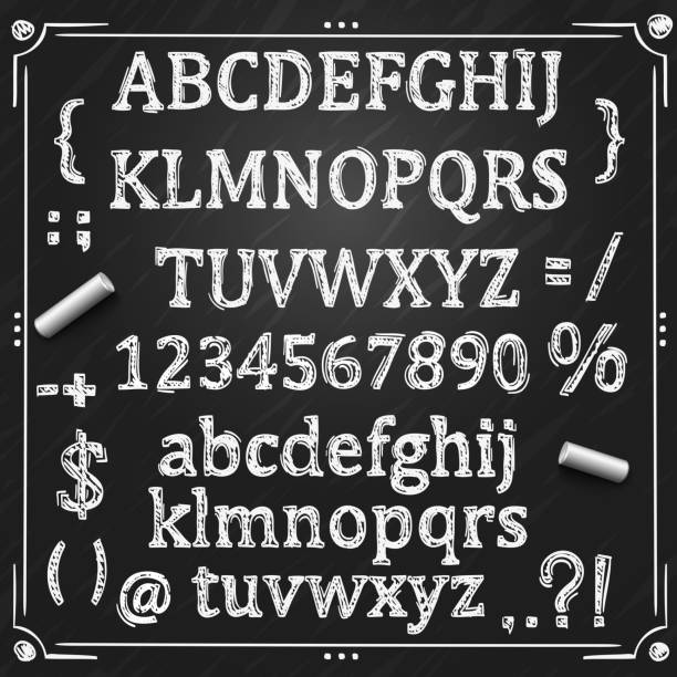 Board with a set of sketch symbols. Sketch Cyrillic font, Board with a set of sketch symbols, Sketch font alphabet and numbers, Vector illustration. classroom borders stock illustrations