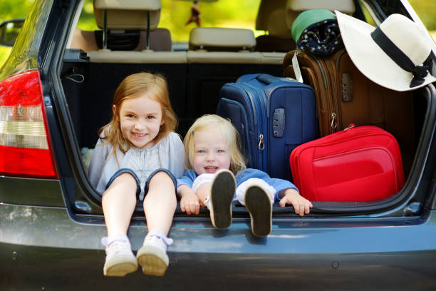 deux adorables petites soeurs assis dans une voiture - toddler child nature friendship photos et images de collection