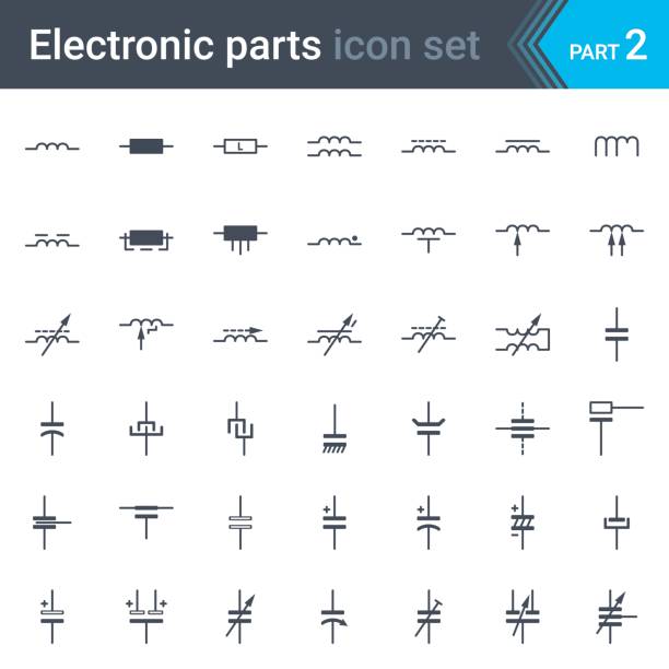 전기 및 전자 회로 다이어그램 기호 집합이 전기 콘덴서, 커패시터, 코일, 인덕터 - electromagnet stock illustrations