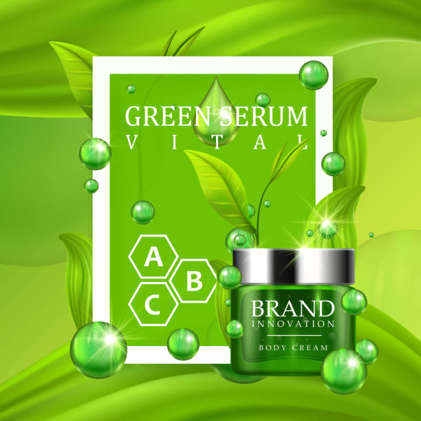 Beauty product advertising concept for cosmetic. Green cream bottle with silver cap and green leaves on juicy background. Skin care vitamin formula treatment design. Beauty product advertising concept for cosmetic industry. Vector botox bottle stock illustrations
