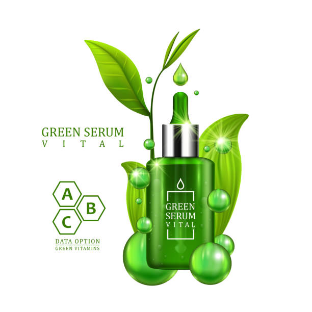 Beauty product concept. Vector illustration. Vital serum dropper bottle decorated with green leaves on white background. Skin care vitamin formula treatment design. Beauty product concept. Vector botox bottle stock illustrations
