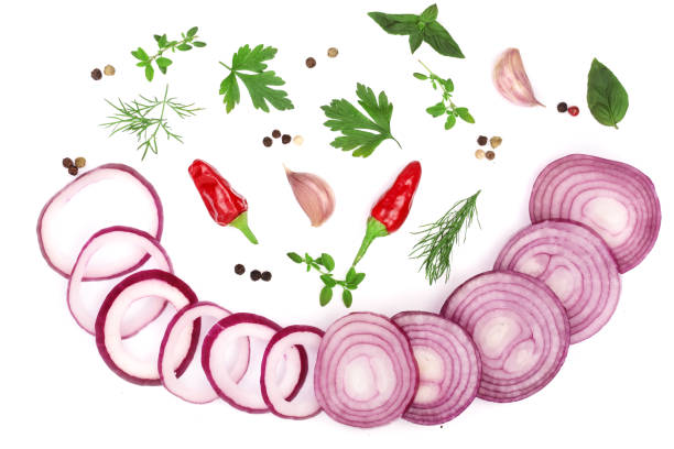 istock onions, garlic, hot pepper and spices isolated on white background. Top view 849101704