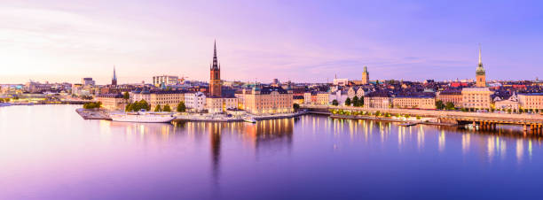 Riddarholmen and Gamla Stan City Skyline in Stockholm at Twilight, Sweden stock photo