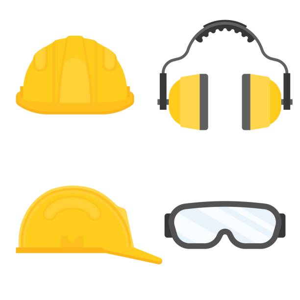 산업 보안, 안전 안경, 헬멧에 대 한 개인 보호 장비, 귀 muffs 플랫 디자인 벡터 - 헬멧 stock illustrations