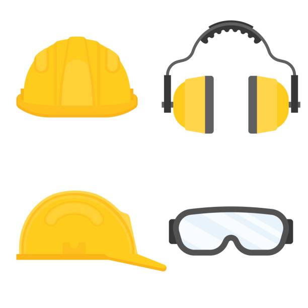 ilustrações, clipart, desenhos animados e ícones de equipamento de protecção pessoal para segurança industrial, óculos de segurança, capacete, aquecedores de orelha em vector design plano - security equipment audio