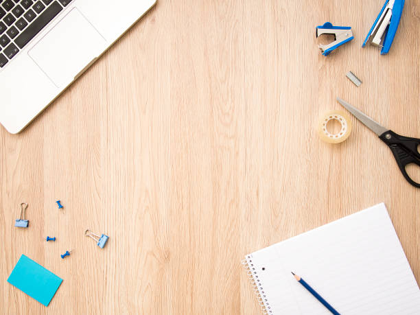 istock Office desk with note pad, laptop and accessories. Top view. Directly above. 849102958