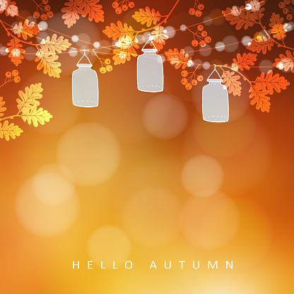 Autumn, fall blurred card, banner. Garden party decoration. Vector illustration background. String of oak leaves, rowan berries, lights and glass jar lanterns.