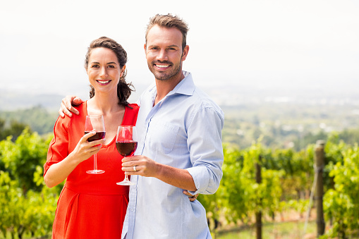 Portrait of happy couple holding wineglasses against sky at vineyard