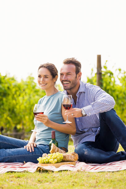 istock Happy couple with wineglasses looking away 849113318