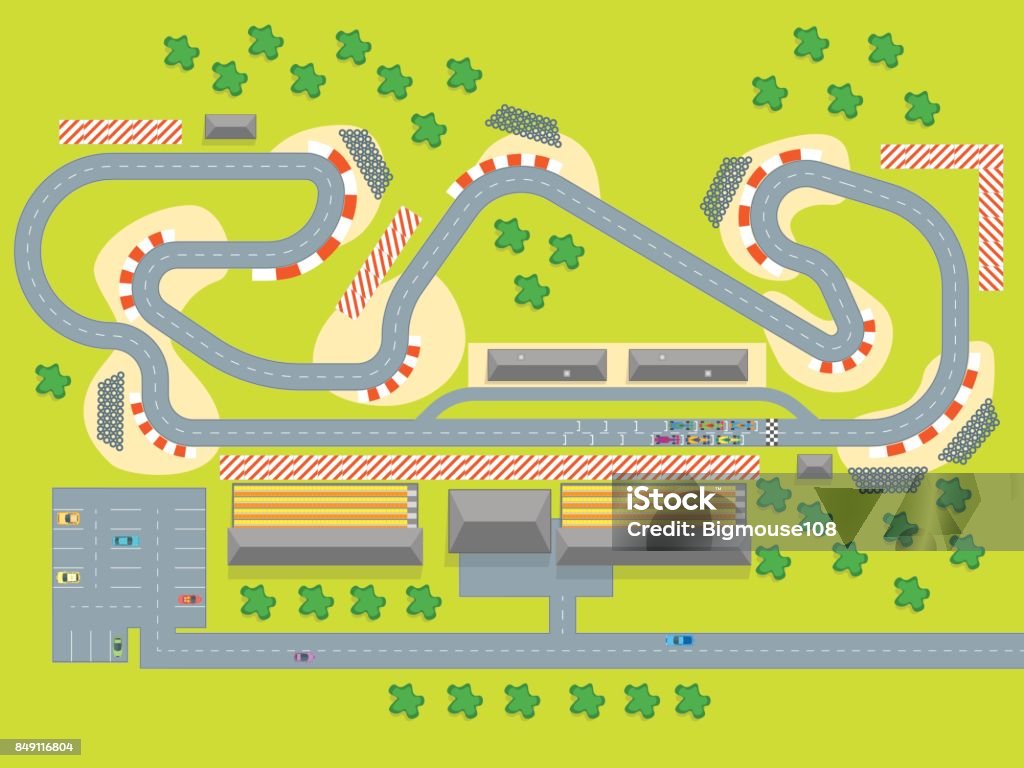 Cartoon Race Track with Cars Top View. Vector Cartoon Race Track with Cars and Landscape Top View Auto Competition Topography Concept Flat Design Style. Vector illustration of Racetrack Sports Track stock vector
